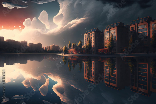 Beautiful picture of contemporary city buildings, a lake, and an incredible sky. Generative AI