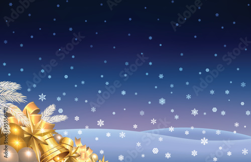 An outdoor snowy background with falling snowflakes and gold ornaments and ribbons, and snow-covered pine tree branches.