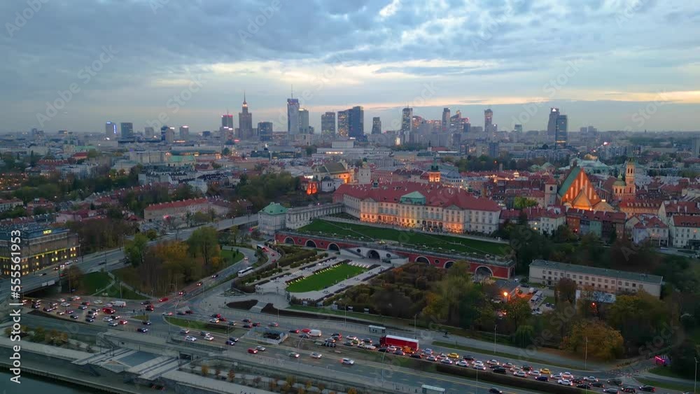 Beautiful aerial scenery of historic old town buildings and ancient cathedral, European architecture in Warsaw, Poland. Night Beautiful aerial scenery of historic old town buildings and ancient cathedral, European architecture in Warsaw, Poland. Night