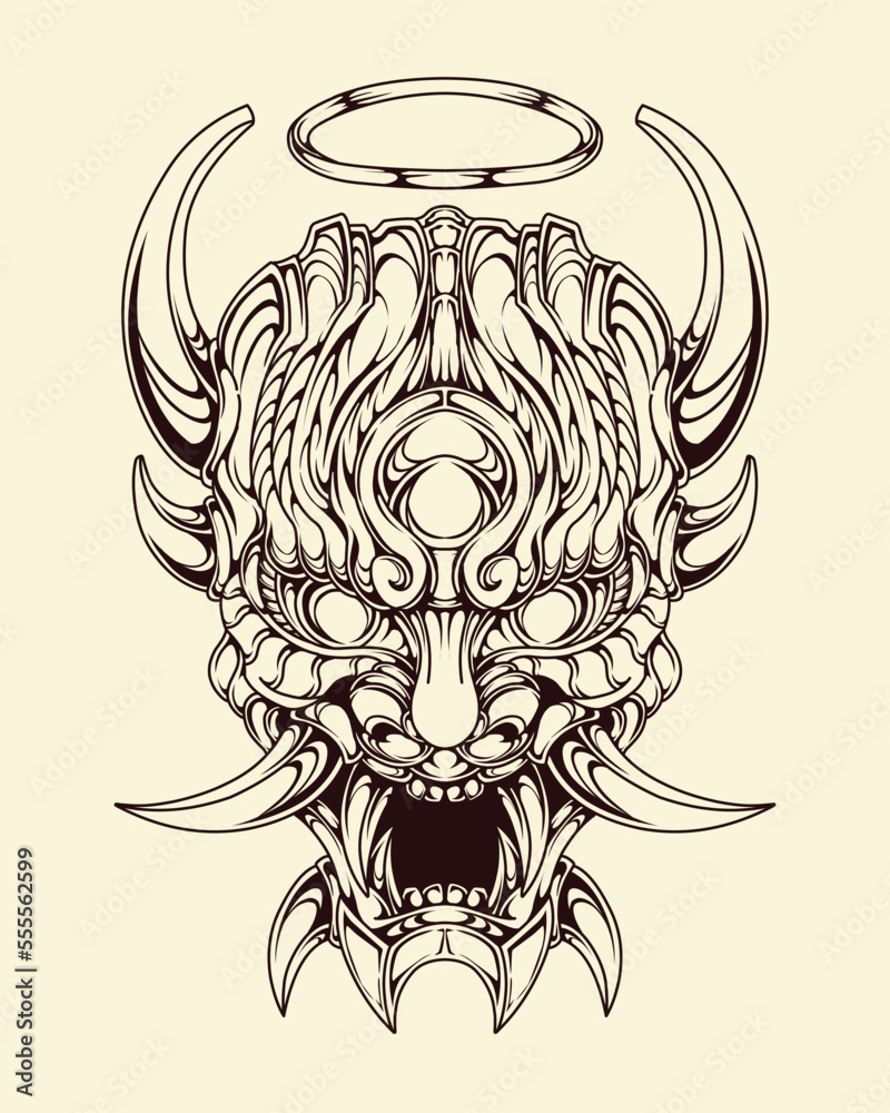 Fototapeta premium premium vector | Japnese oni mask devil hand drawn illustration