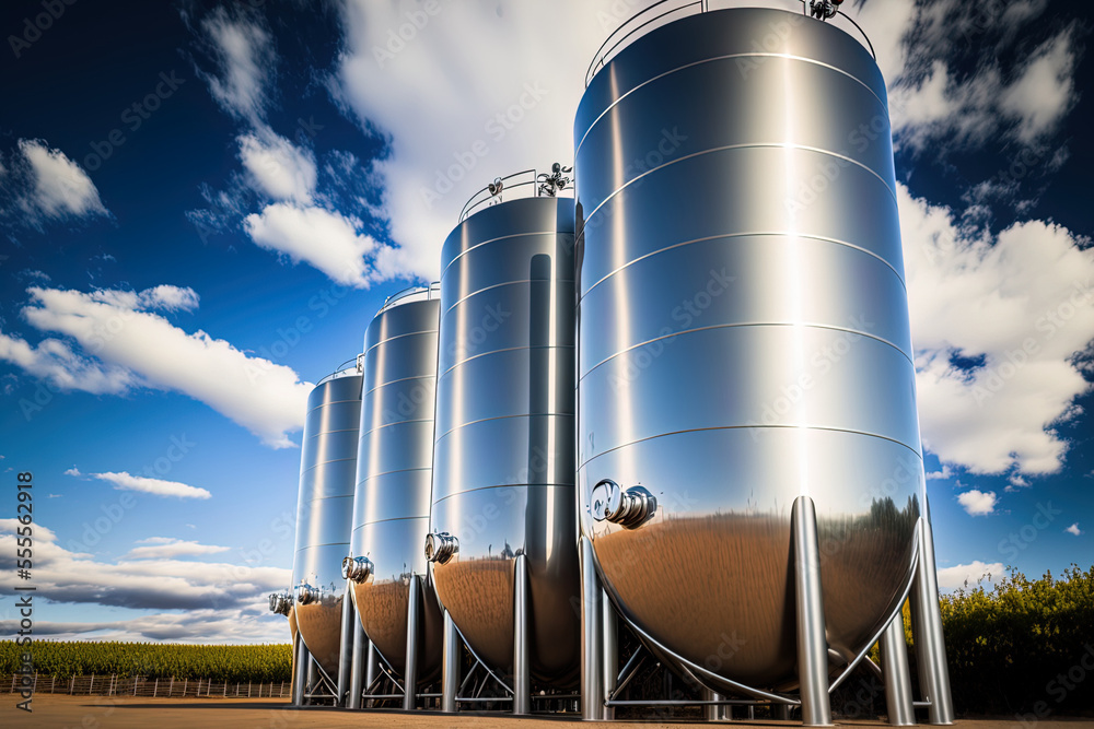 Stainless steel wine fermenting tanks in a row against a cloudy blue
