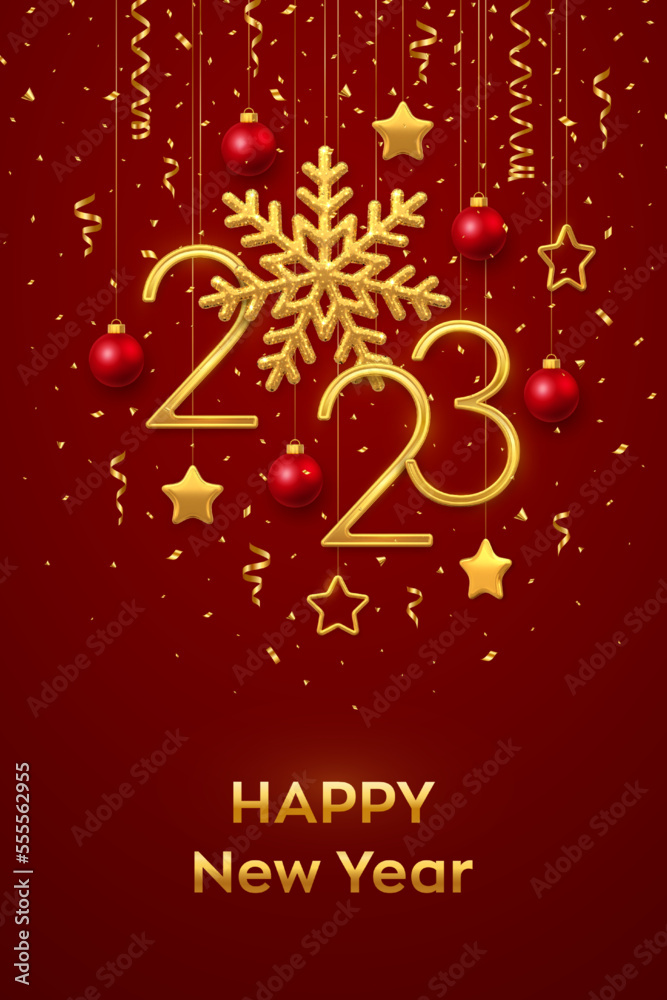Happy New 2023 Year. Hanging Golden metallic numbers 2023 with shining snowflake and confetti on red background. New Year greeting card or banner template. Holiday decoration. Vector illustration.