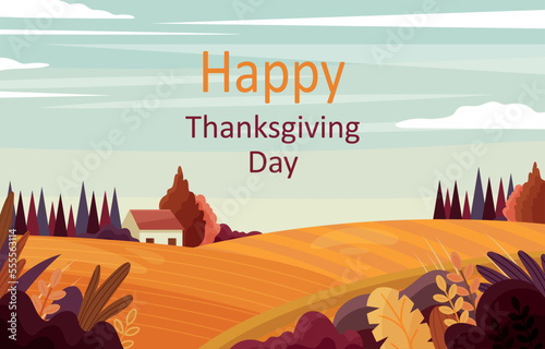 Happy Autumn concept. Poster or banner for website, greeting postcard design. Countryside and thanksgiving day. International holiday and festival, fall season. Cartoon flat vector illustration