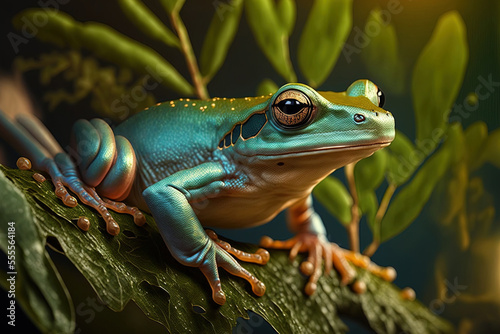 litoria caerulea dumpy frog on green leaves dumpy frog on tree branch amphibian closeup. Generative AI © 2rogan