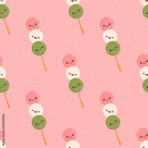 Dango seamless pattern Japanese traditional dessert isolated on white. Hanami Dango dessert vector 