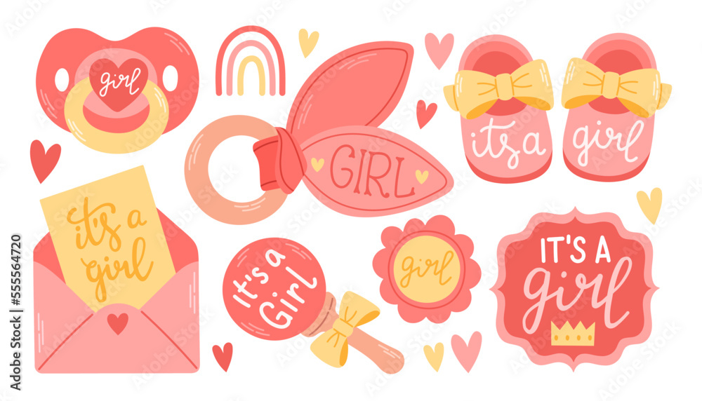 Baby girl shower party. Vector set of design elements. Pink and yellow cute collection. Baby shower invitation