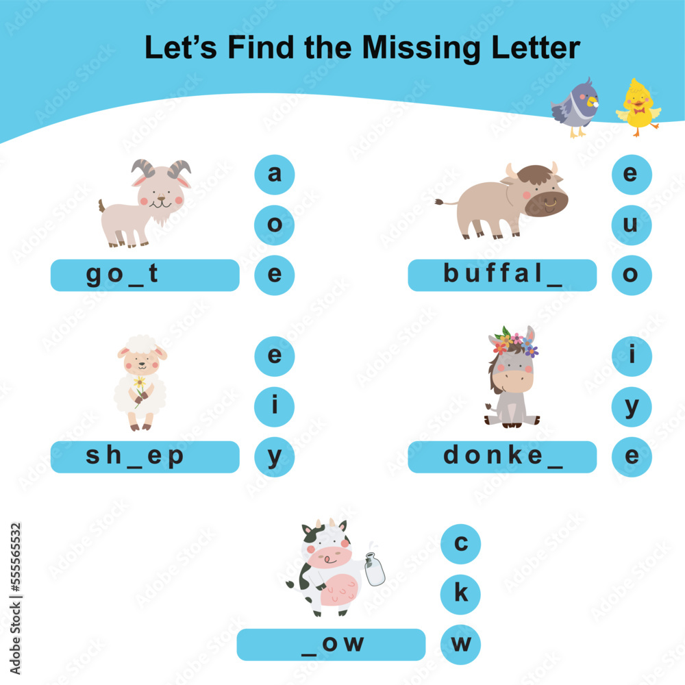 Fototapeta premium Find and complete the missing letter worksheet for toddler with cute farm animal theme. Worksheet for preschool. Introducing letters to kids. Cute goat, sheet, buffalo, donkey and cow. Kawaii vector. 