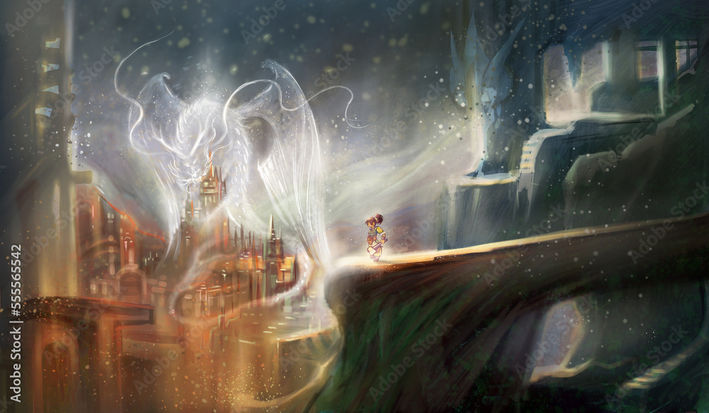 Αυτοκόλλητο illustration of a boy's adventure, The boy saw a white dragon hanging over the castle at night