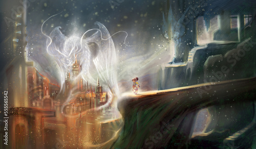Foto illustration of a boy's adventure, The boy saw a white dragon hanging over the castle at night