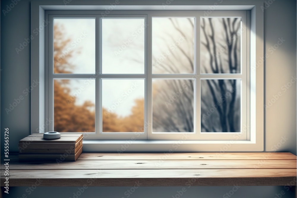 Obraz premium empty wooden table and window room interior decoration background