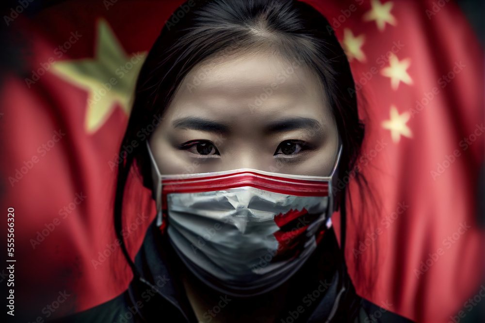 coronavirus in china. A Chinese woman in a protective mask with a Chinese flag, lockdown and protests, ai generated coronavirus in china. A Chinese woman in a protective mask with a Chinese flag, lockdown and protests, ai generated