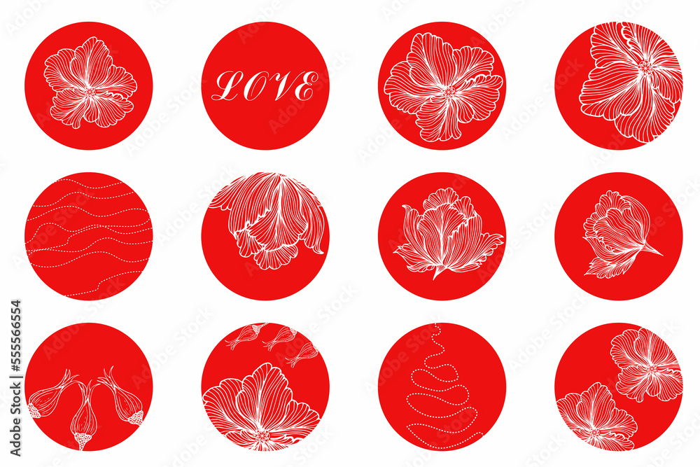 Fototapeta premium Round icons with delicate hand-drawn flowers, abstract lines, for highlighting stories, social networks, for bloggers, photographers, for highlighting covers. Aesthetic background, modern fashion blog