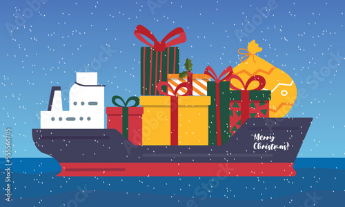 Cargo ship with gifts. Symbol of New Year and Christmas, ship carries gift boxes and present bags. Holiday and festival, international trade. Poster or banner. Cartoon flat vector illustration
