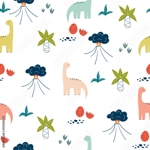 Funny dinosaurs seamless pattern. Cute brachiosaurus on a white background. Vector illustration of volcano, palm trees, dino egg. Hand drawn colorful baby print. Nursery design. Doodle dino.