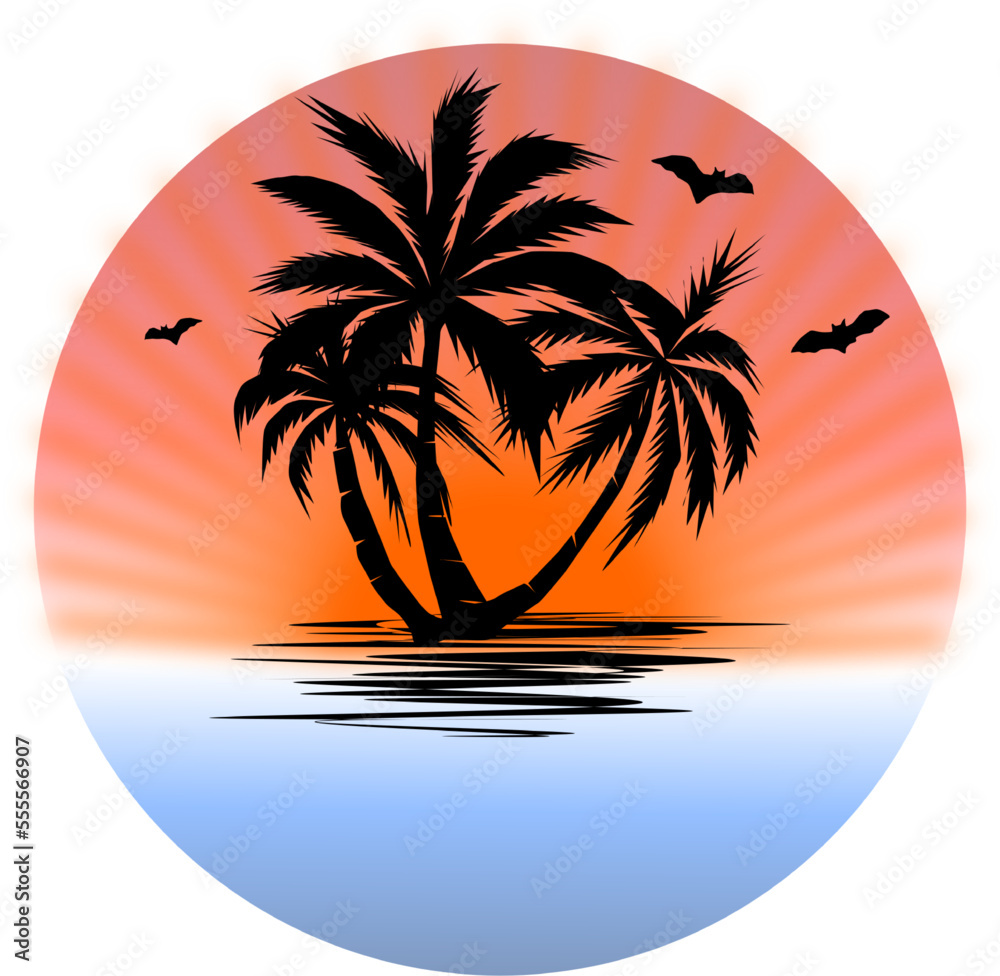 The illustrations and clipart, palm trees on the beach with some bats.