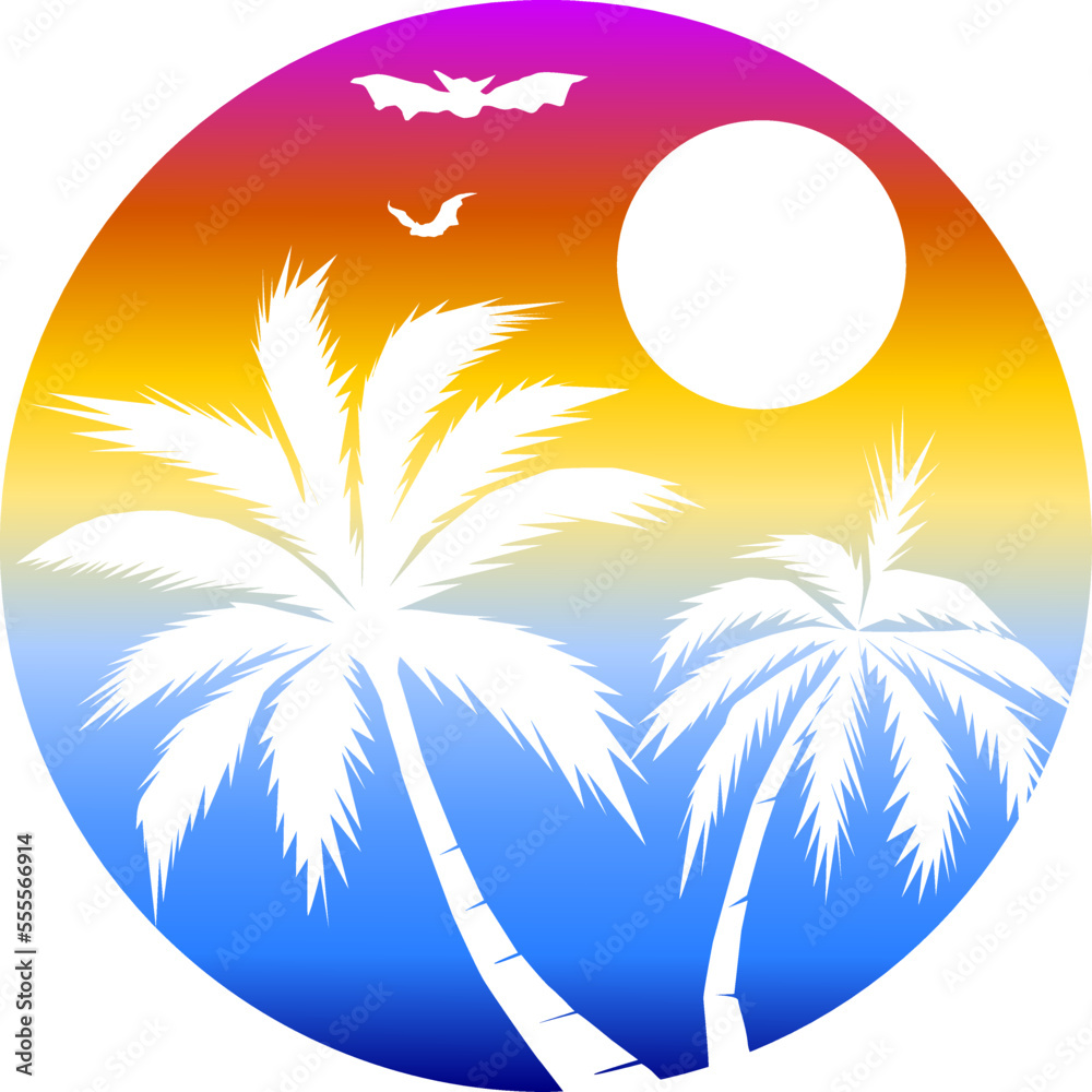 The illustrations and clipart, coconut trees on the beach with a background sunset in an ellipse frame