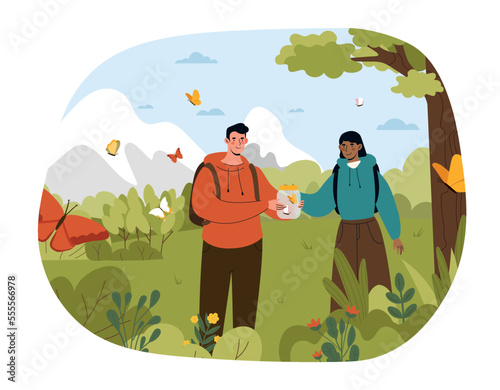 Butterfly in jar at journey. Man and woman caught insect. Scientific expedition explores nature and fauna. Active lifestyle and hiking. Young scientists outdoor. Cartoon flat vector illustration