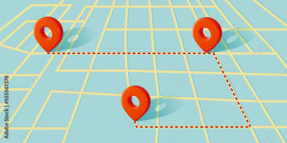 Locator mark on city map shows destination, address, geo position, gps