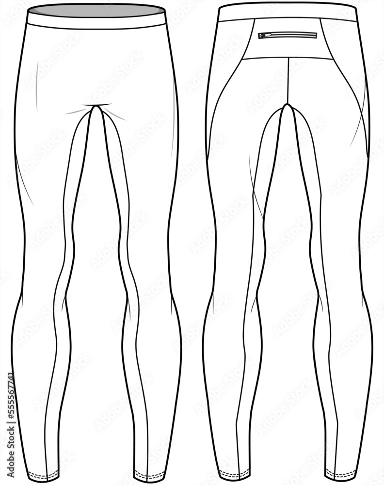 Track Tights, Base Layer Bottom, Leggings, Cycling Pants Front and Side  View. Fashion Illustration, Vector, CAD, Technical Drawing, Flat Drawing,  Template, Mockup. Stock Vector
