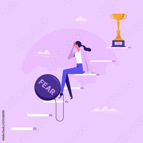 Fear of failure, anxiety or stressed, negative emotion in career development, afraid of progress forward concept, depressed businesswoman sitting on stairway to success goal