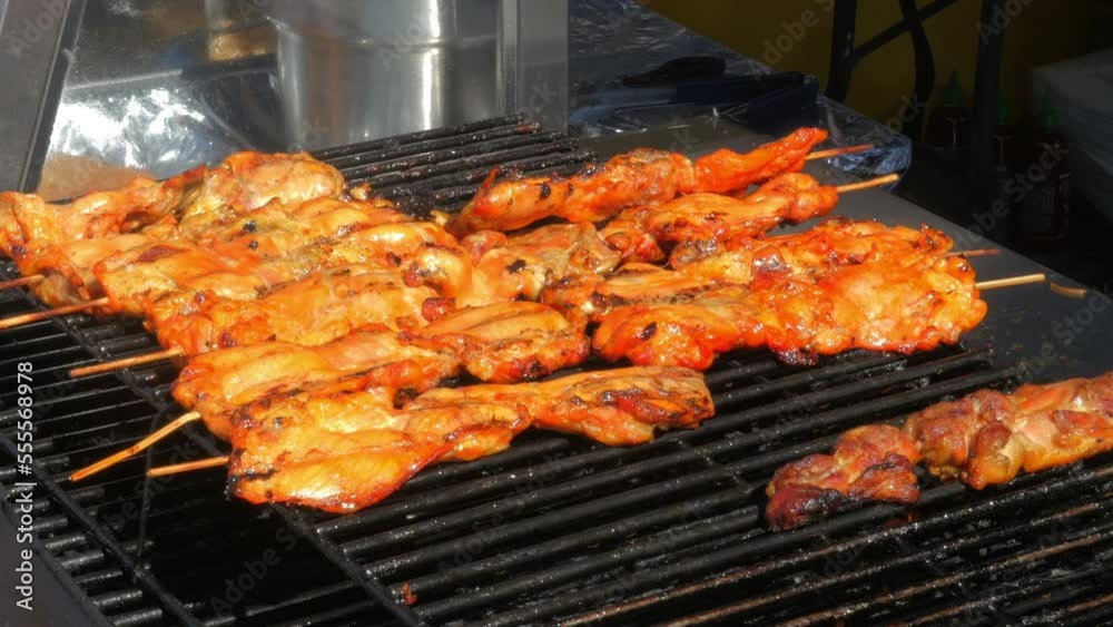 Hand held shot of chicken skewers cooking on a grill Hand held shot of chicken skewers cooking on a grill