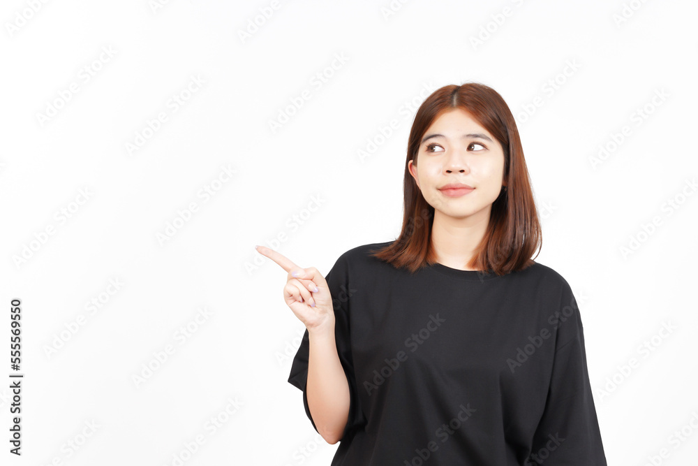 Showing Product and Pointing Side using forefinger Of Beautiful Asian Woman Isolated On White Showing Product and Pointing Side using forefinger Of Beautiful Asian Woman Isolated On White