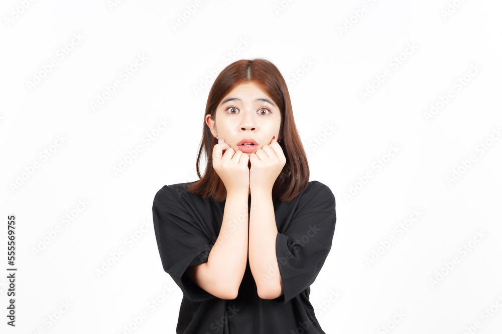 WOW Face Expression with hands on chin Of Beautiful Asian Woman Isolated On White Background WOW Face Expression with hands on chin Of Beautiful Asian Woman Isolated On White Background