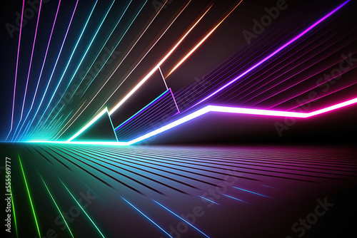 of a dark backdrop and RGB neon lighting. At night, abstract laser lines are visible. Scene of an ultraviolet beam for a mock up and a web banner. Generative AI photo