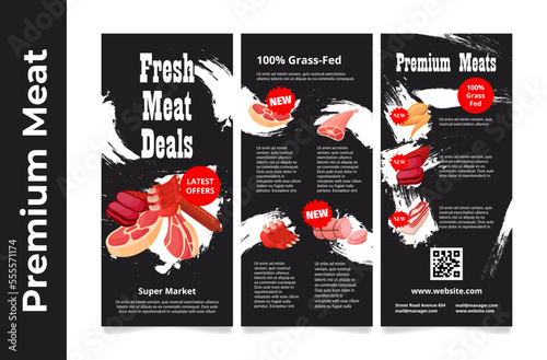 Fresh meat deals sale discount store market commercial poster set vector illustration