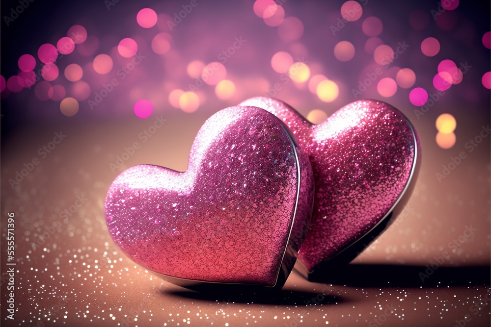 Fototapeta premium Two Hearts On Pink Glitter In Shiny Background