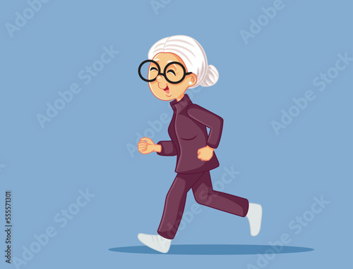 Happy Granny Running and Exercising Vector Cartoon Illustration. Cheerful elderly jogger doing cardiovascular training in sportive apparel 

