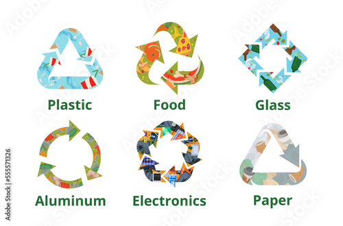 Waste recycling emblem set vector flat ecology safety garbage sorting mark circular arrows