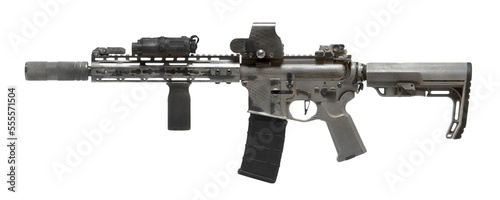 Weapons and military equipment for army, spray painted tan camouflage assault rifle gun (M4A1) with attachment, red dot sign isolated on white background