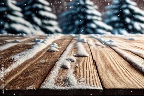 Wooden table with snow texture background