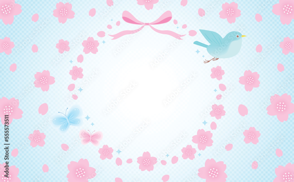 鳥と蝶を飾った和モダンな春の桜の花のベクターフレーム素材_水色_文字なし