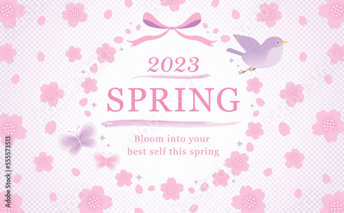 鳥と蝶を飾った和モダンな春の桜の花のベクターフレーム素材_紫 © motommy
