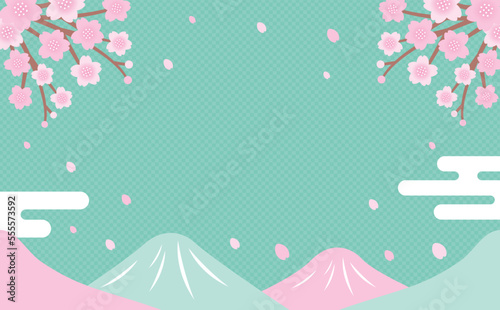 和風な春の山と桜の花のベクターフレーム素材_緑_文字なし