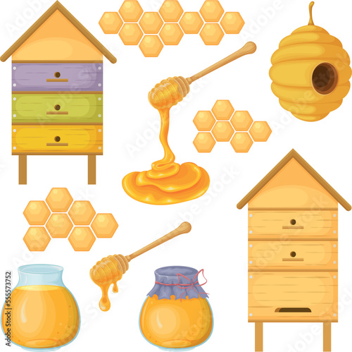 Honey and beehives. A large set of images of honey, beehives and accessories for honey and also honeycombs. Vector illustration in cartoon style