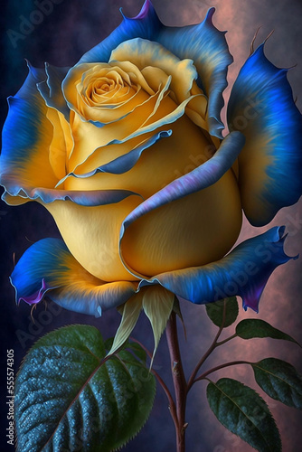 Beautiful blue and yellow rose in realistic painting art style, close up view 