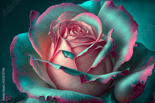 Beautiful pink and teal rose in realistic painting art style, close up view	