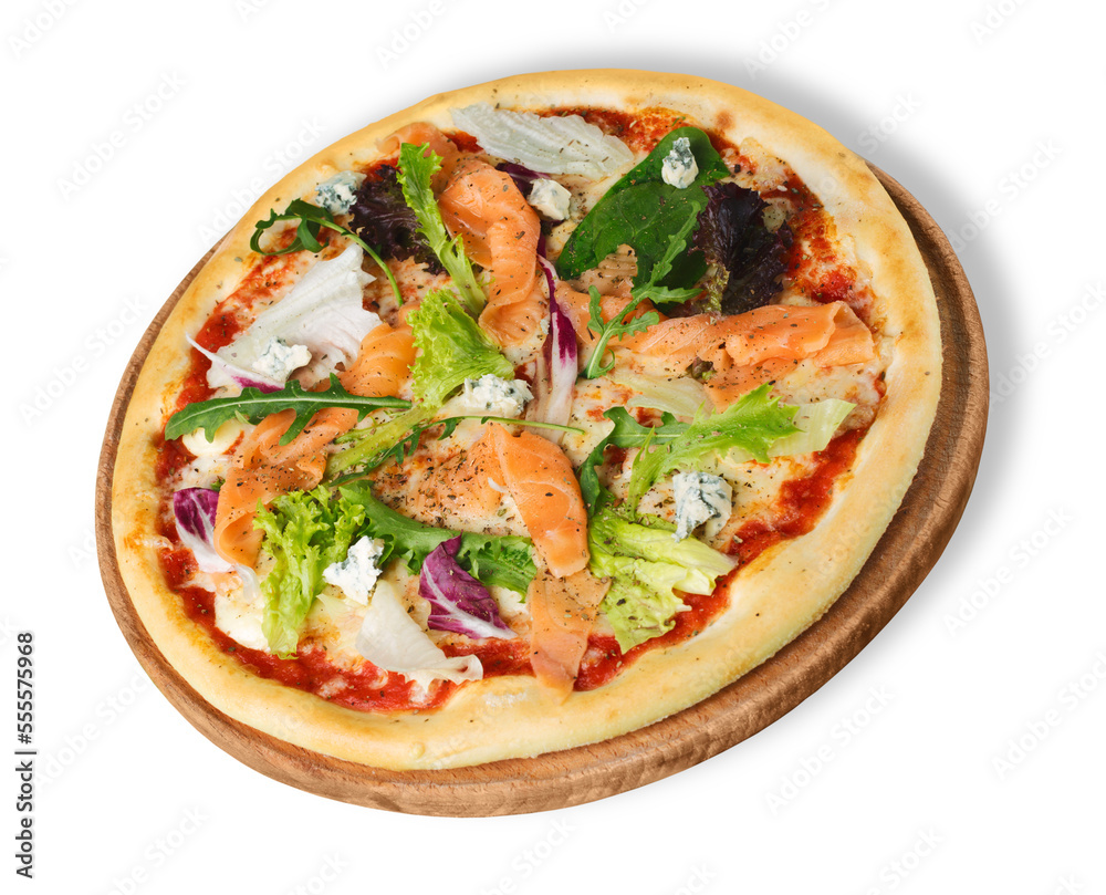 Tasty pizza in wooden plate isolated on white background Tasty pizza in wooden plate isolated on white background