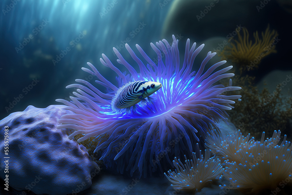 Blue anemone in an aquarium. Generative AI Blue anemone in an aquarium. Generative AI