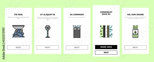 air clean fresh wind flow filter onboarding mobile vector. home dust, conditioner blue, cold purification, nature technology, cleaner room air clean fresh wind flow filter Illustration