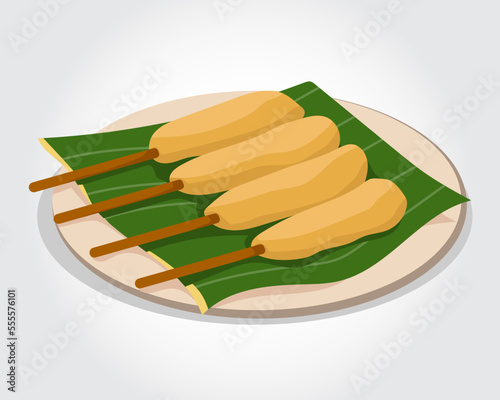 Grilled satay or sate lilit traditional indonesian food served on banana leaf plate