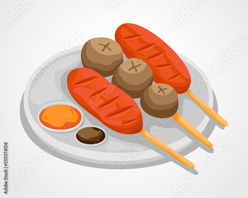 Sosis dan bakso bakar or grilled sausage and meatballs with sauce traditional asian illustration food vector