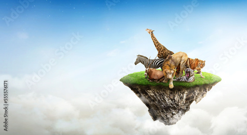 Photography Concept Nature reserve conserve Wildlife reserve tiger Giraffe Global warming Ecology, fantasy island with wild animals floating in the sky
