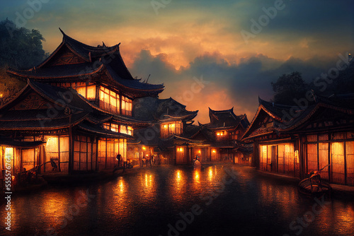 Historic Asian Village Reflected in a Picaresque Lake at Sunset. [Digital Art Painting. Sci-Fi / Fantasy / Historic / Horror Background. Graphic Novel, Postcard, or Product Image.] photo