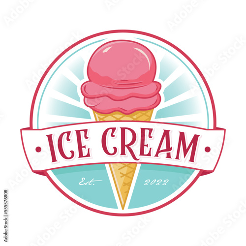 Ice cream logo design or gelato logo circular emblem in pink color