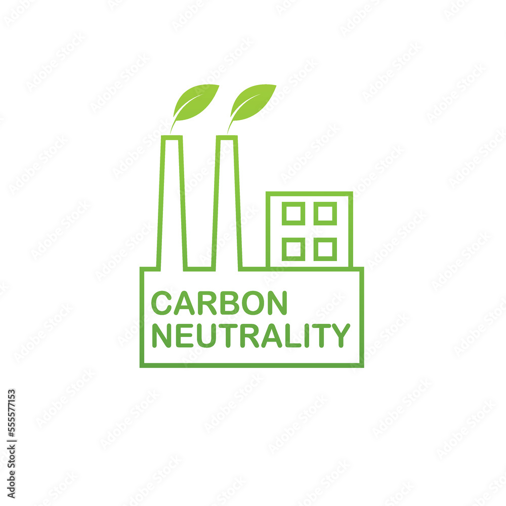 CO2 neutral. Green badge with factory silhouette, net zero carbon ...