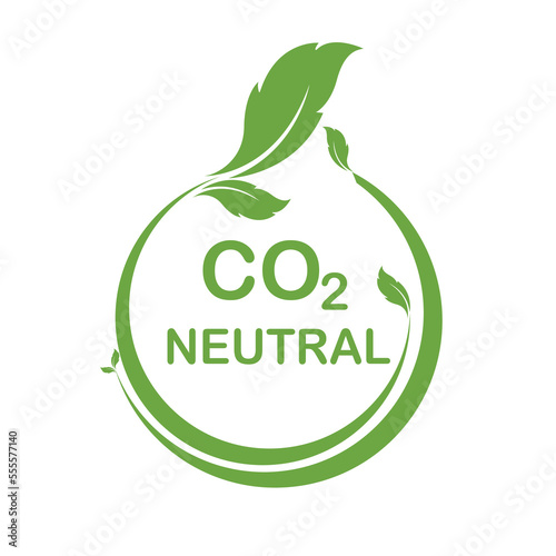 Carbon neutral sign or icon. Green leaves in a circle. Biodegradable product packaging symbol. Clean energy concept. Zero emission. Eco friedly product . Vector illustration